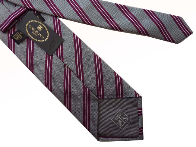 Corneliani Tie: Gray melange with magenta/white stripes, pure silk