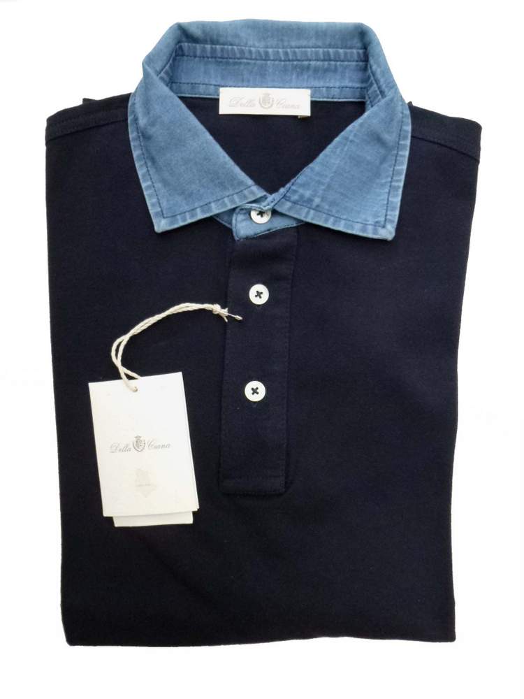 Della Ciana Polo Shirt Navy blue with chambray collar cotton pique