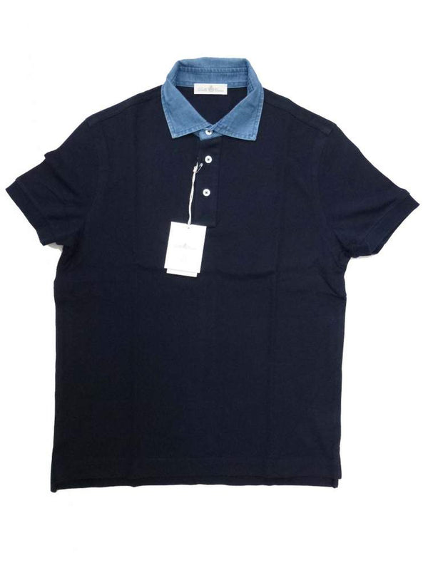 Della Ciana Polo Shirt Navy blue with chambray collar cotton pique