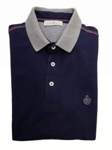 Della Ciana Polo Shirt: Small, Navy blue with grey trim, 3-button polo, cotton pique