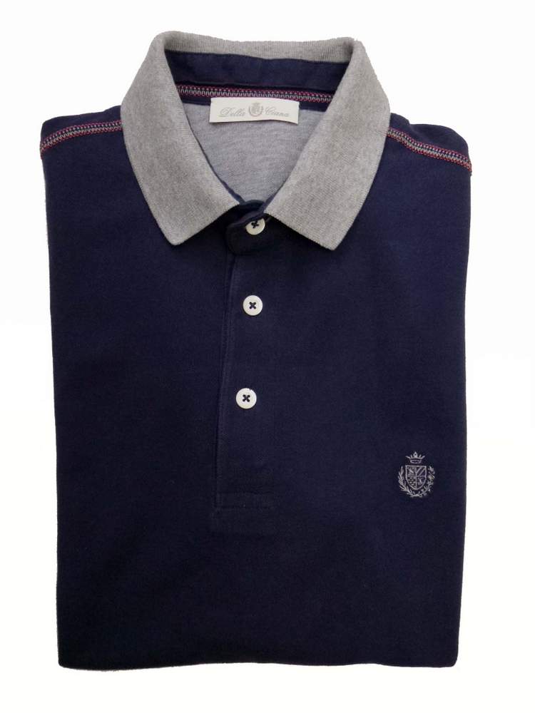 Della Ciana Polo Shirt: Small, Navy blue with grey trim, 3-button polo, cotton pique