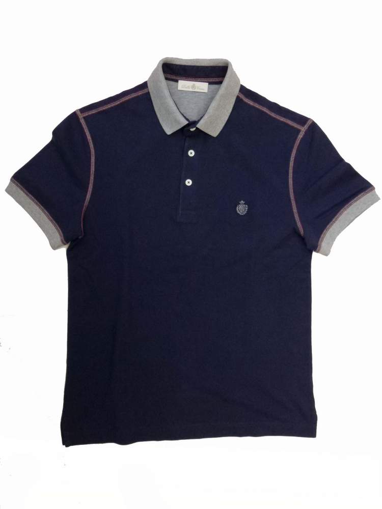 Della Ciana Polo Shirt: Small, Navy blue with grey trim, 3-button polo, cotton pique