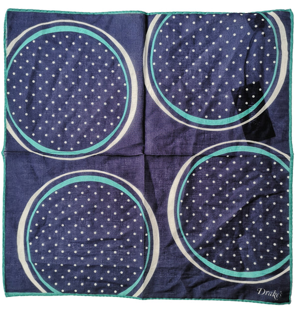 Drake's Pocket Square: Navy circles and dots print, Pure cotton