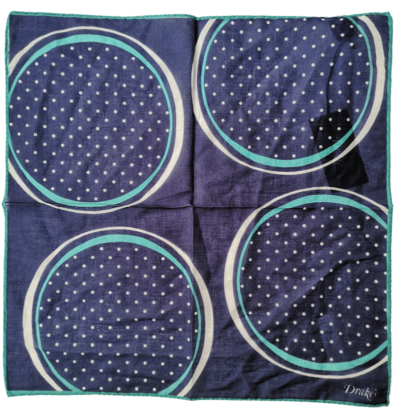 Drake's Pocket Square: Navy circles and dots print, Pure cotton