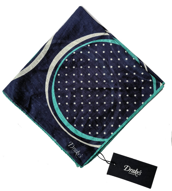 Drake's Pocket Square: Navy circles and dots print, Pure cotton