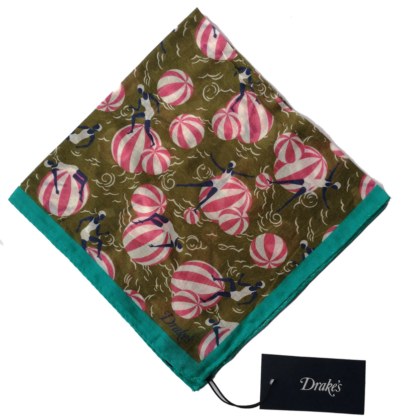 Drake's Pocket Square: Olive beachball print, Pure cotton