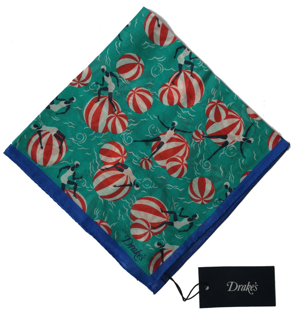 Drake's Pocket Square: Bright teal beachball print, Pure cotton