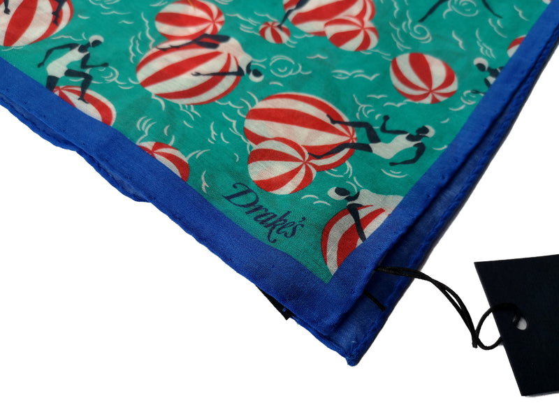Drake's Pocket Square: Bright teal beachball print, Pure cotton