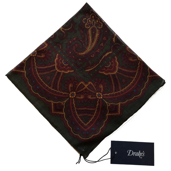 Drake's Pocket Square: Forest green Vintage paisley, Cotton/modal/cashmere