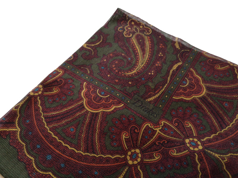 Drake's Pocket Square: Forest green Vintage paisley, Cotton/modal/cashmere