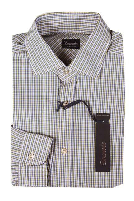 Drumohr Shirt: 16, Yellow, blue and white plaid, slim fit, spread collar, pure washed cotton