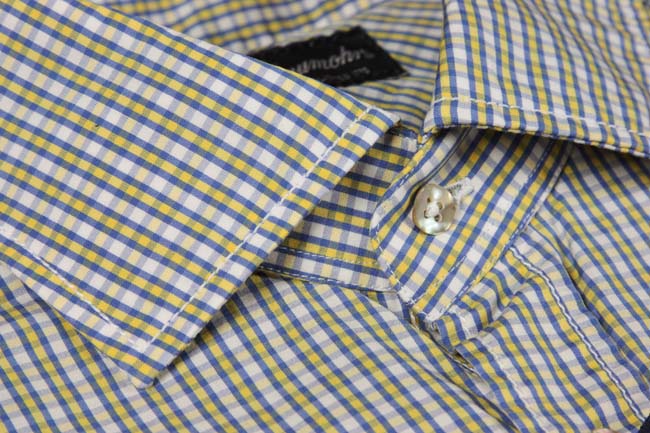 Drumohr Shirt: 16, Yellow, blue and white plaid, slim fit, spread collar, pure washed cotton