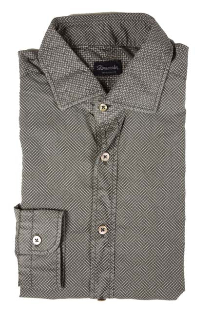 Drumohr Shirt: 16, Faded grey and white pattern, slim fit, spread collar, pure washed cotton