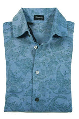 Drumohr Shirt: Small, Medium faded blue with green paisley pattern, long sleeve, polo collar, pure washed cotton