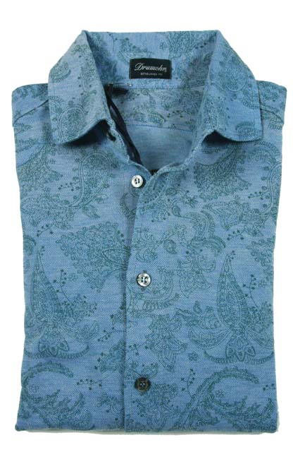 Drumohr Shirt: Small, Medium faded blue with green paisley pattern, long sleeve, polo collar, pure washed cotton