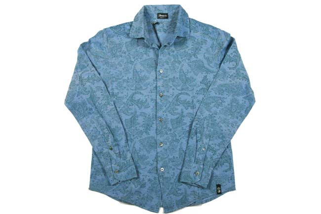 Drumohr Shirt: Small, Medium faded blue with green paisley pattern, long sleeve, polo collar, pure washed cotton