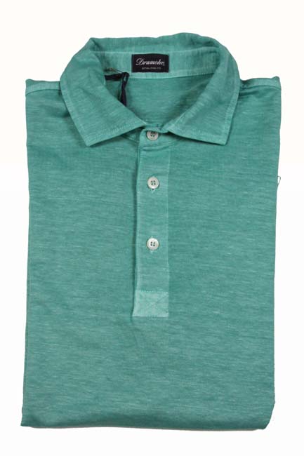 Drumohr Shirt: Small, Spring green, short sleeve, polo collar, pure washed cotton