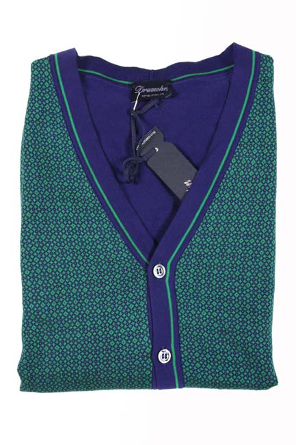Drumohr Sweater: Small, Kelly green and royal blue pattern, cardigan vest, pure cotton