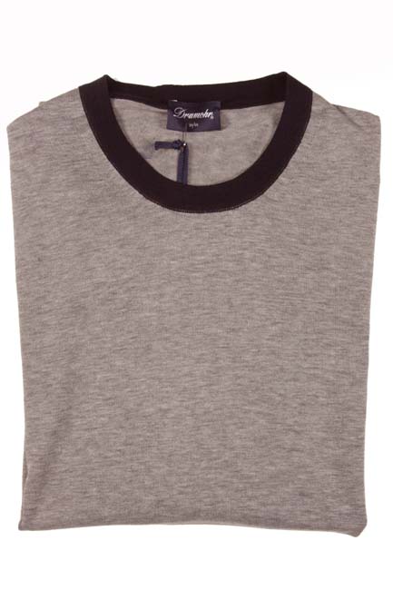 Drumohr Sweater: Small, Light grey with shades of blue trim, short sleeve crewneck, pure cotton