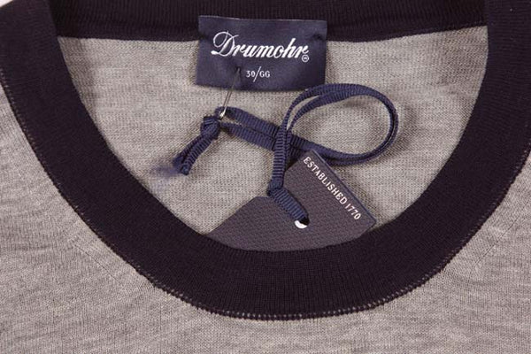 Drumohr Sweater: Small, Light grey with shades of blue trim, short sleeve crewneck, pure cotton