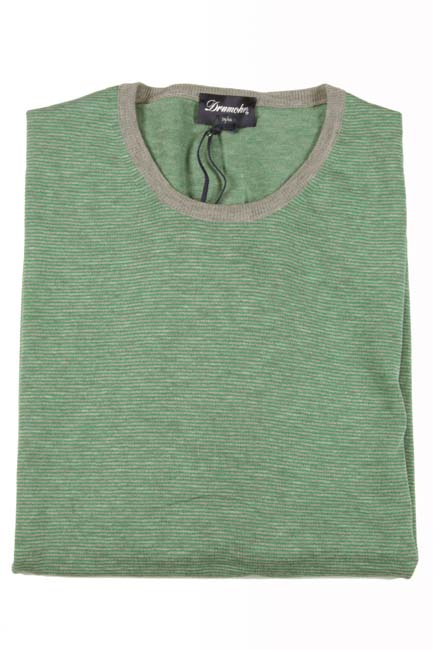 Drumohr Sweater: Small, Green & grey thin stripes, short sleeve crewneck, cotton/linen