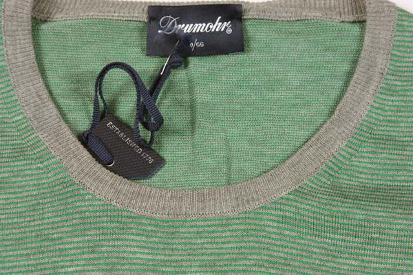 Drumohr Sweater: Small, Green & grey thin stripes, short sleeve crewneck, cotton/linen