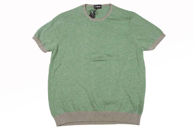 Drumohr Sweater: Small, Green & grey thin stripes, short sleeve crewneck, cotton/linen