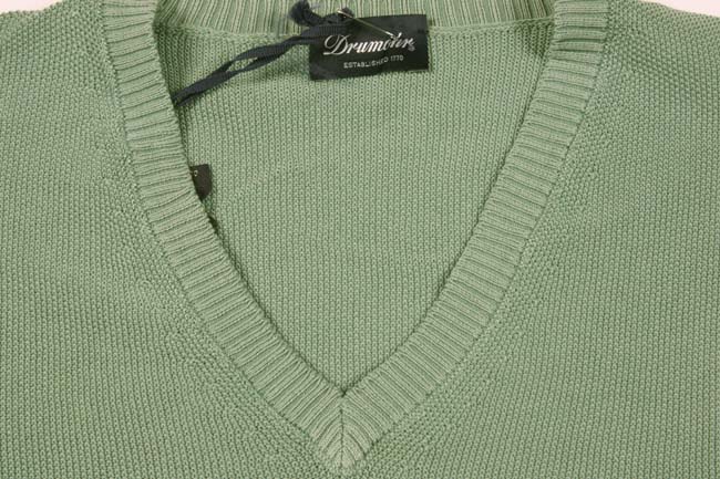 Drumohr Sweater: Small, Dull spearmint green weave, V-neck, pure cotton