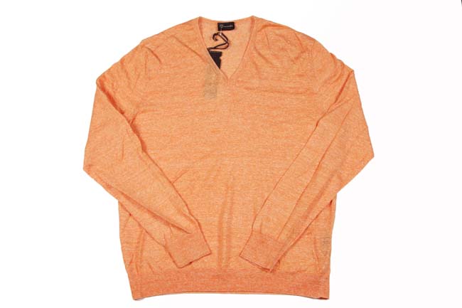 Drumohr Sweater: Small, Orange & white melange, V-neck, linen/cotton