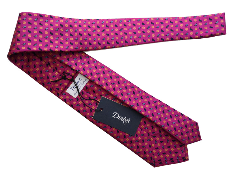 Drake's Tie: Magenta micro leaf/florette print, Silk