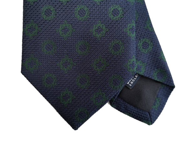 Drake's Tie: Navy with forest green pattern, woven Silk