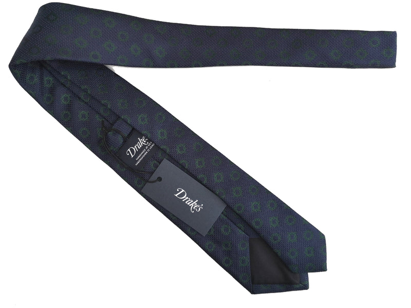 Drake's Tie: Navy with forest green pattern, woven Silk