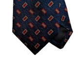 Drake's Tie: Navy with tan/red brick pattern, woven Silk