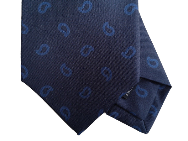 Drake's Tie: Navy with blue paisleys printed, Silk