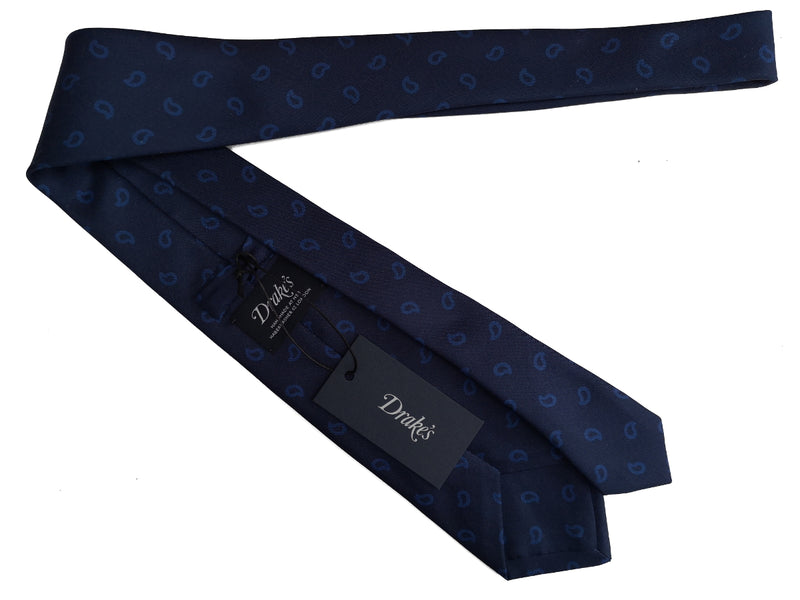 Drake's Tie: Navy with blue paisleys printed, Silk