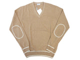 Andrea Fenzi Sweater Camel with ivory trim, V-neck with elbow detail, wool/cashmere blend
