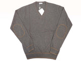 Andrea Fenzi Sweater Medium grey with mushroom trim, V-neck with elbow detail, wool/cashmere blend
