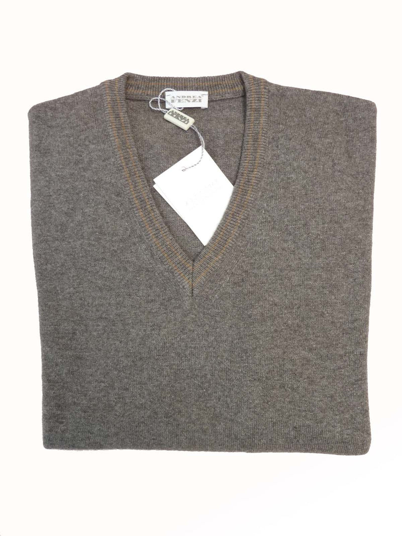 Andrea Fenzi Sweater Medium grey with mushroom trim, V-neck with elbow detail, wool/cashmere blend