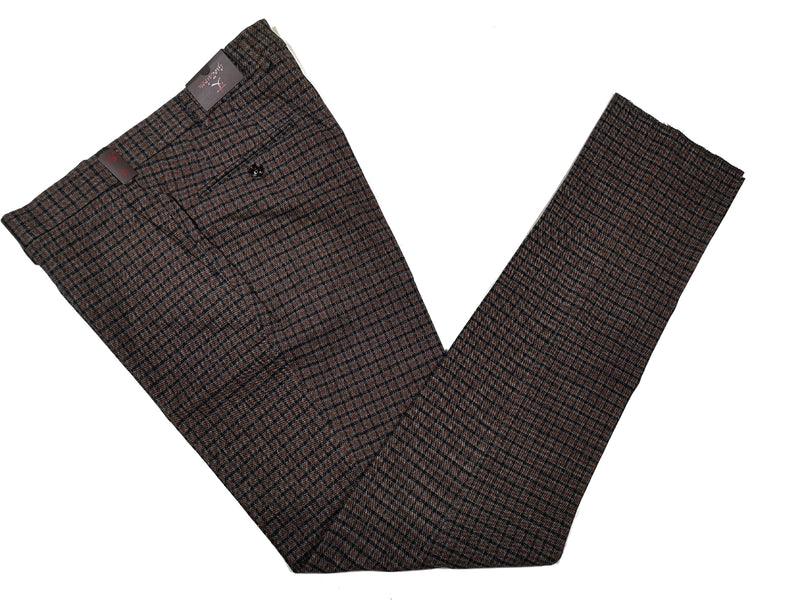 Gio Zubon by LBM 1911 Trousers 35/36, Grey with brown/black check Flat front Slim fit Cotton/Elastane