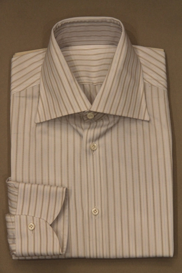 Barba Shirt: 15.5 Classic, White with tan and blue fancy stripe, spread collar, pure cotton