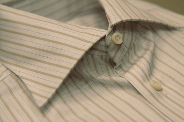 Barba Shirt: 15.5 Classic, White with tan and blue fancy stripe, spread collar, pure cotton