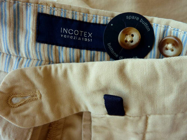 Incotex Trousers: 44, Light tan, flat front, cotton/linen