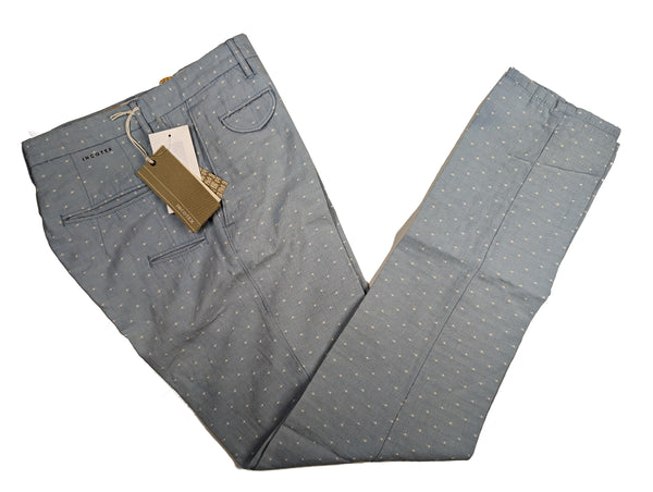 Incotex Trousers 32 Powder Blue Woven Dots Flat Front