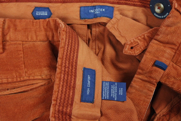 Incotex Trousers: 36, Burnt orange corduroy, flat front, Slim fit, cotton/elastan