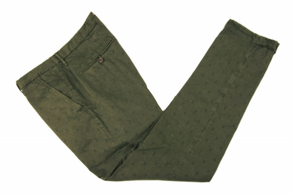 Incotex Trousers: 34, Dark olive with circular stitching pattern, flat front, cotton/elastan