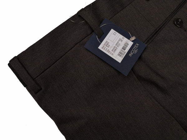 Incotex Trousers: 33, Charcoal brown twill, flat front, wool/elastan