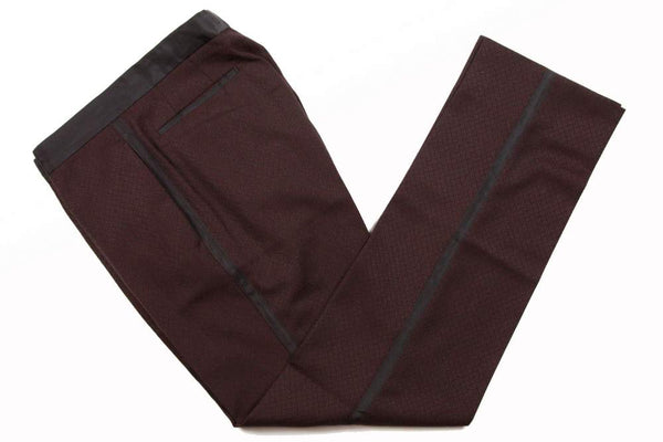 Incotex Trousers: 34, Charcoal grey & burgundy weave with midnight grosgrain trim, flat front, pure wool