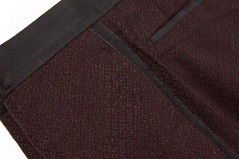 Incotex Trousers: 34, Charcoal grey & burgundy weave with midnight grosgrain trim, flat front, pure wool