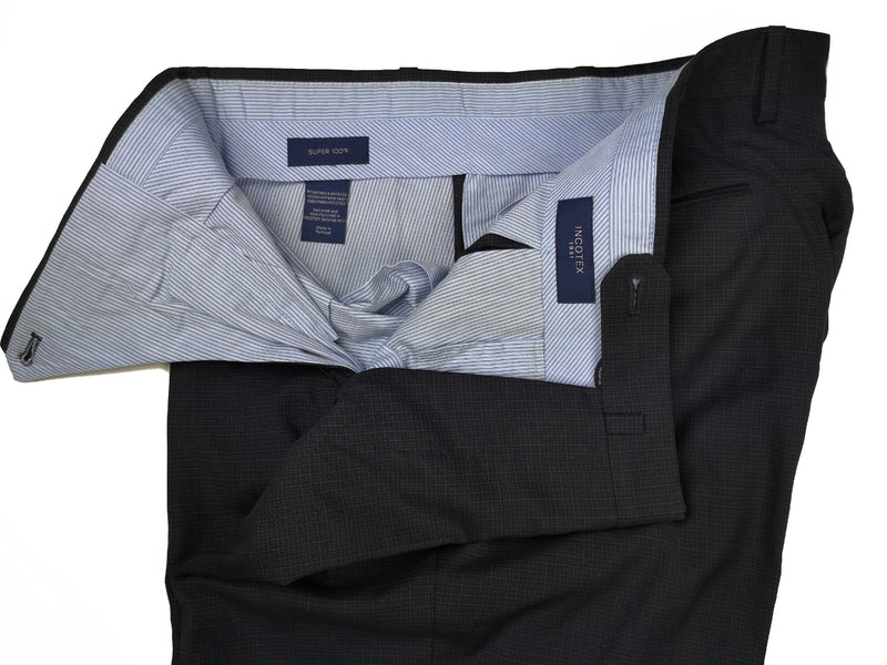 Incotex Trousers: 38, Charcoal check flat front Super 100's wool