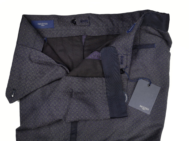 Incotex Trousers: 34, Navy/green weave with navy grosgrain trim, flat front, pure wool